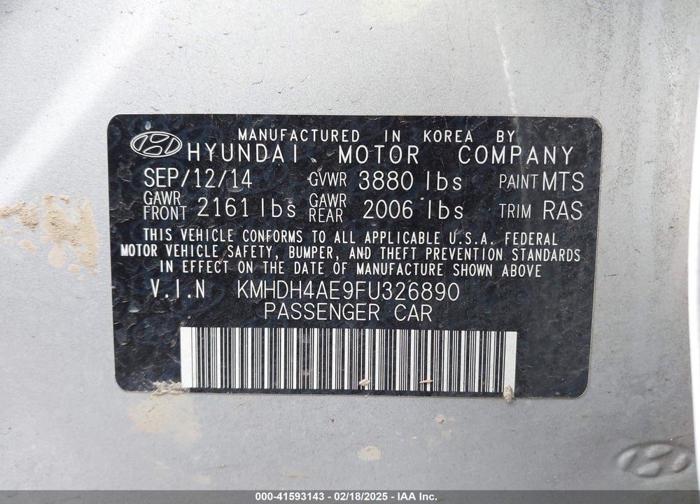 2015 HYUNDAI ELANTRA VIN: KMHDH4AE9FU326890