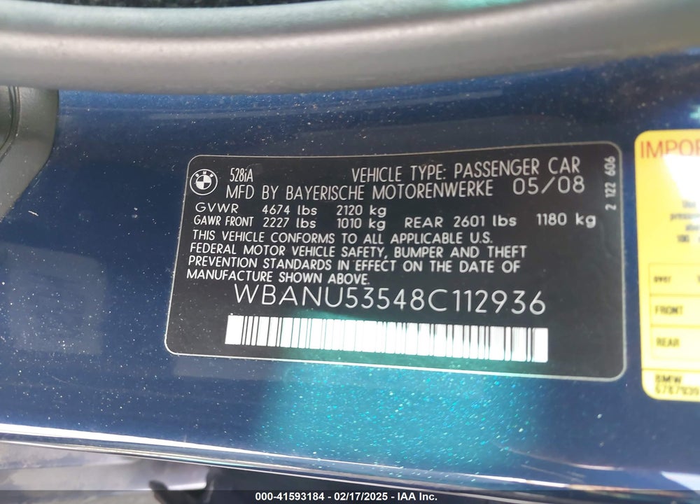 2008 BMW 528I VIN: WBANU53548C112936