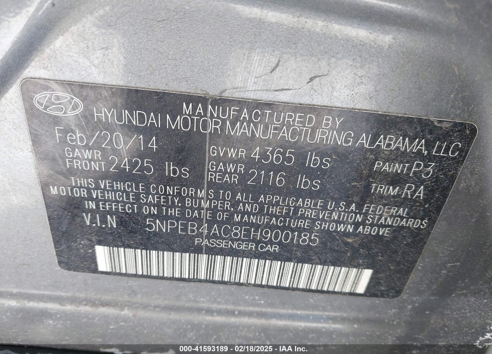 2014 HYUNDAI SONATA VIN: 5NPEB4AC8EH900185