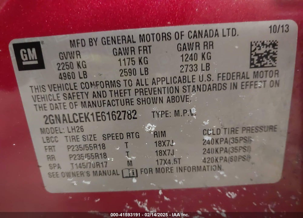 2014 CHEVROLET EQUINOX 2LT VIN: 2GNALCEK1E6162782