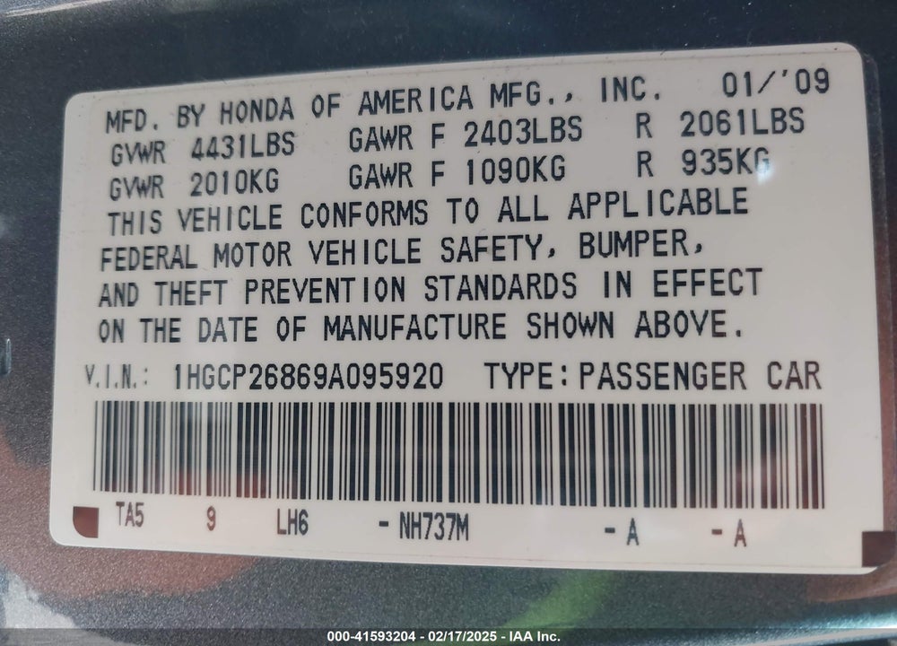 2009 HONDA ACCORD 2.4 EX-L VIN: 1HGCP26869A095920