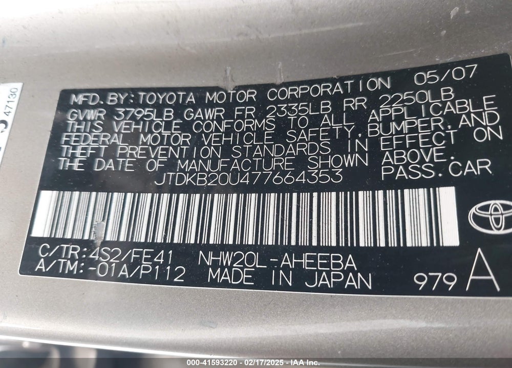 2007 TOYOTA PRIUS VIN: JTDKB20U477664353