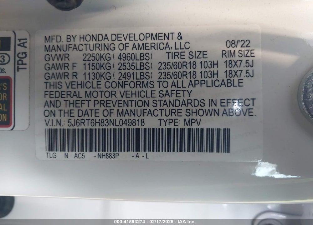 2022 HONDA CR-V HYBRID EX-L VIN: 5J6RT6H83NL049818