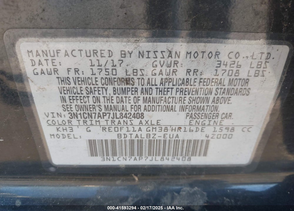 2018 NISSAN VERSA VIN: 3N1CN7AP7JL842408