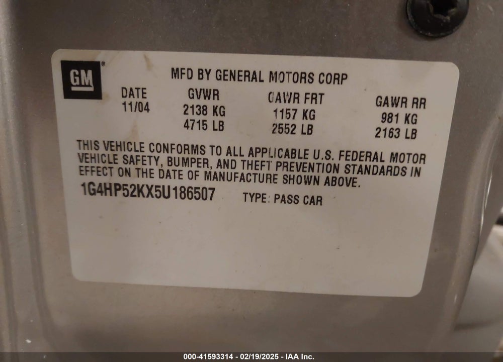 2005 BUICK LESABRE CUSTOM VIN: 1G4HP52KX5U186507