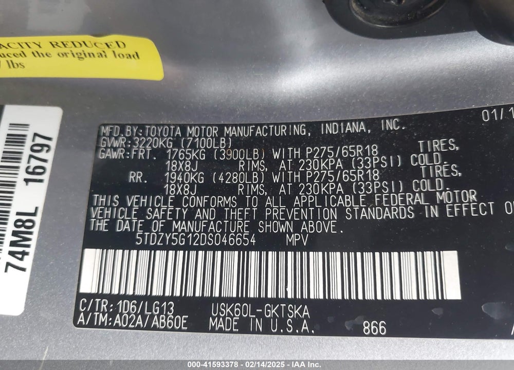 2013 TOYOTA SEQUOIA VIN: 5TDZY5G12DS046654