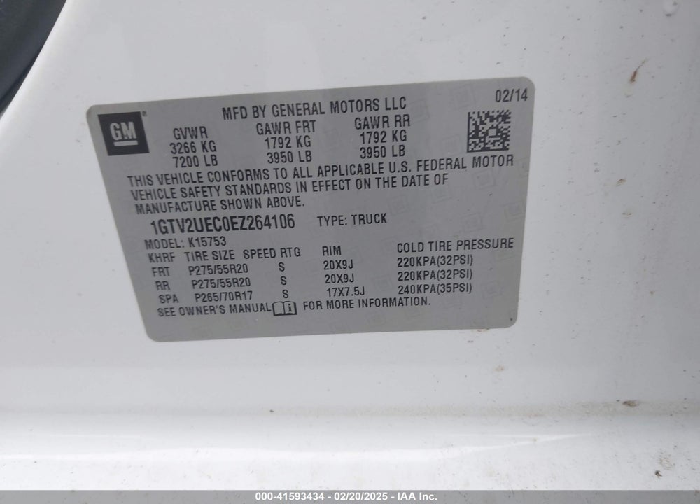 2014 GMC SIERRA 1500 VIN: 1GTV2UEC0EZ264106