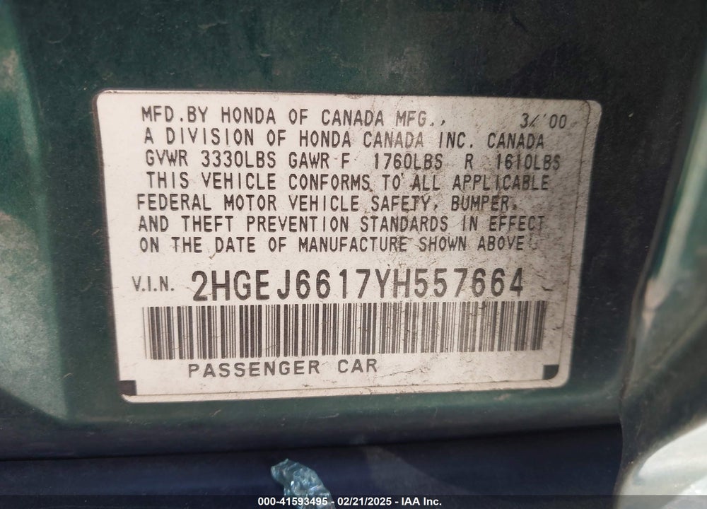 2000 HONDA CIVIC VALUE PACKAGE VIN: 2HGEJ6617YH557664