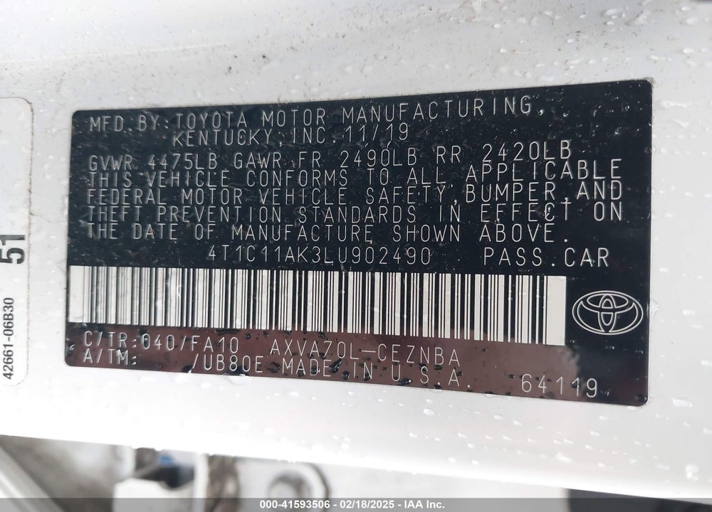 2020 TOYOTA CAMRY VIN: 4T1C11AK3LU902490