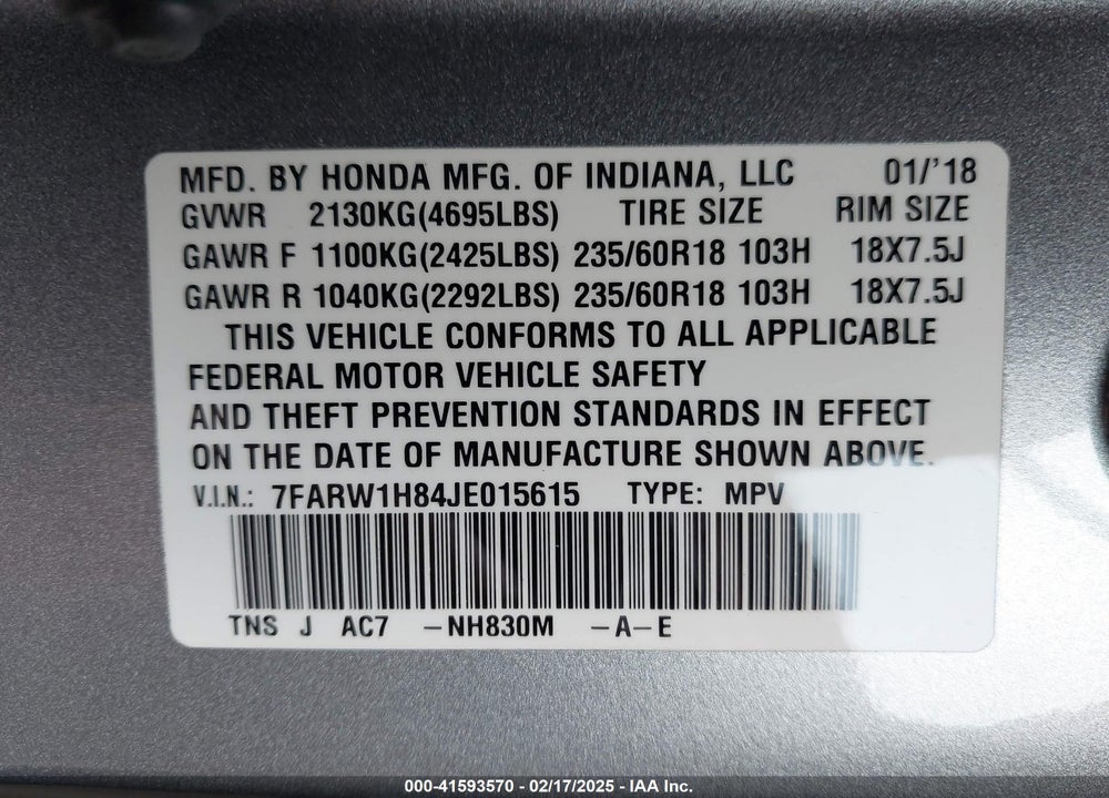 2018 HONDA CR-V VIN: 7FARW1H84JE015615