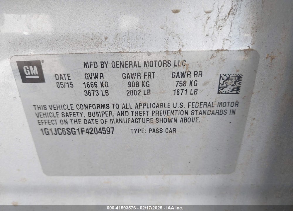 2015 CHEVROLET SONIC VIN: 1G1JC6SG1F4204597