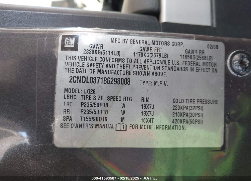 2008 CHEVROLET EQUINOX SPORT VIN: 2CNDL037186298008