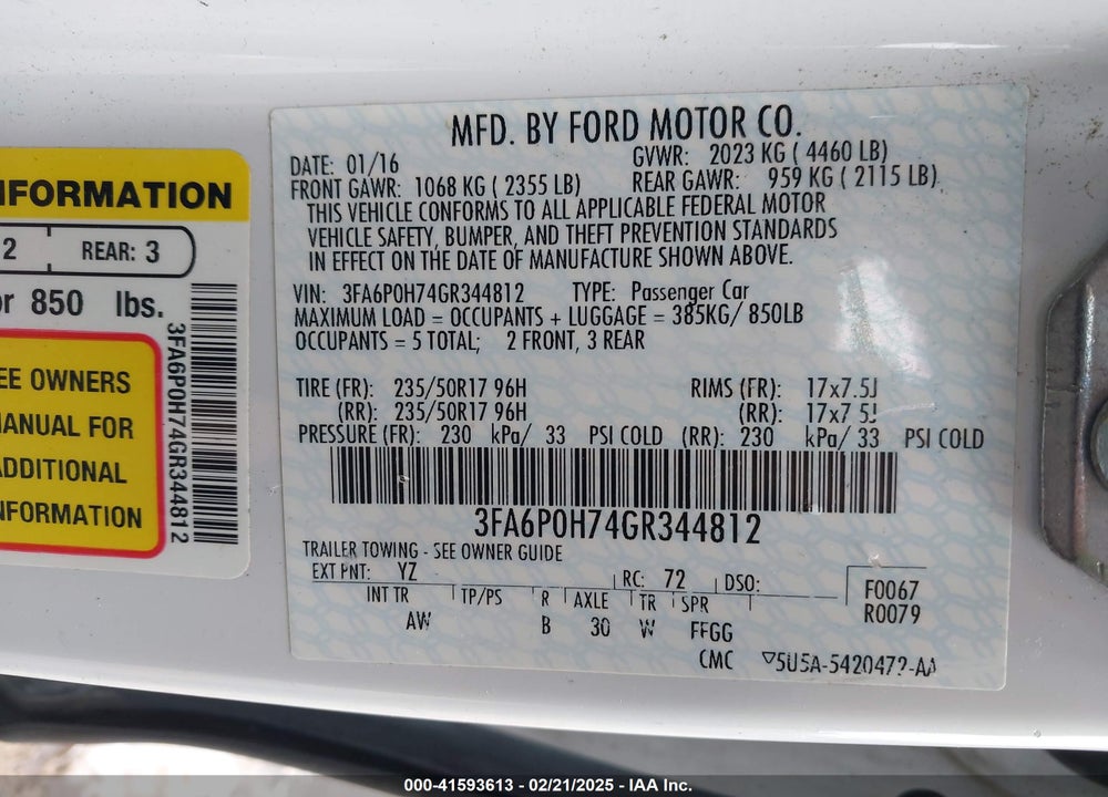 2016 FORD FUSION VIN: 3FA6P0H74GR344812