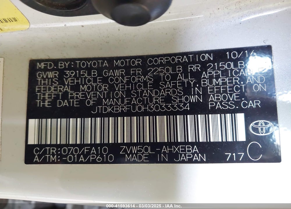 2017 TOYOTA PRIUS VIN: JTDKBRFU0H3033334