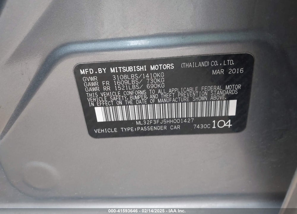 2017 MITSUBISHI MIRAGE G4 VIN: ML32F3FJ5HH001427