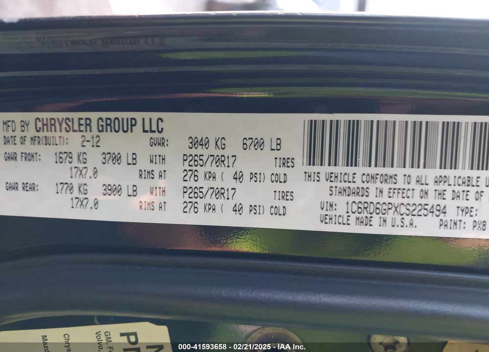 2012 RAM 1500 VIN: 1C6RD6GPXCS225494
