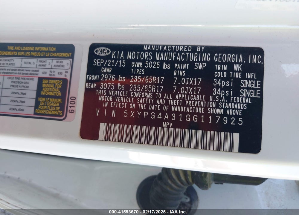 2016 KIA SORENTO 2.4L LX VIN: 5XYPG4A31GG117925