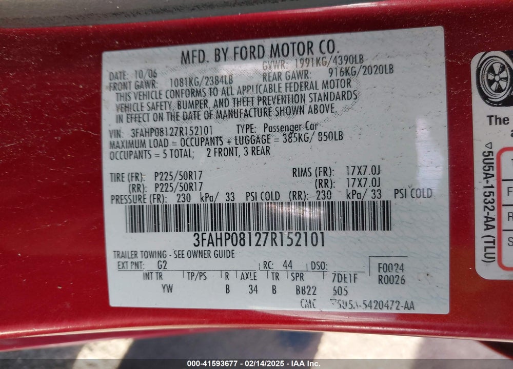 2007 FORD FUSION VIN: 3FAHP08127R152101