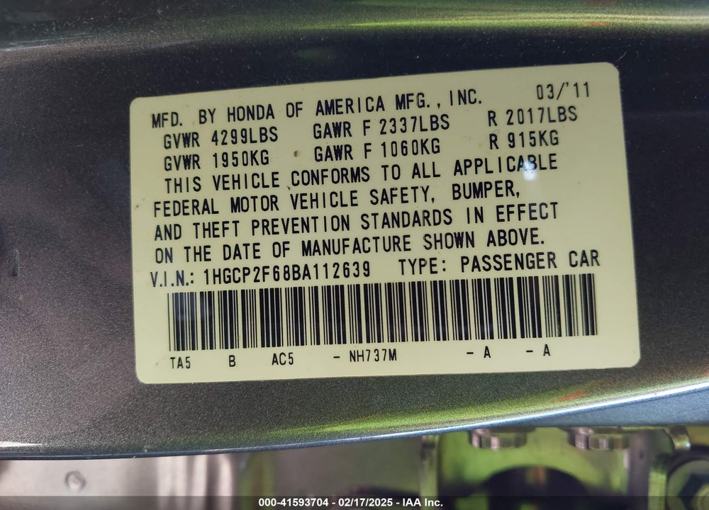 2011 HONDA ACCORD VIN: 1HGCP2F68BA112639