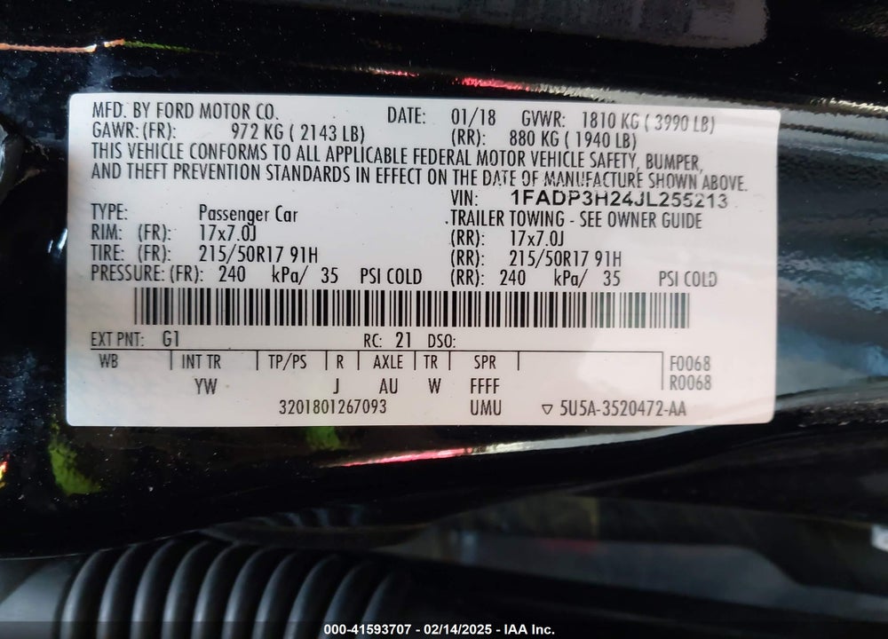 2018 FORD FOCUS VIN: 1FADP3H24JL255213