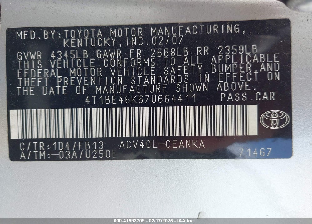 2007 TOYOTA CAMRY VIN: 4T1BE46K67U664411