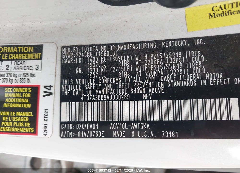 2010 TOYOTA VENZA VIN: 4T3ZA3BB9AU030289