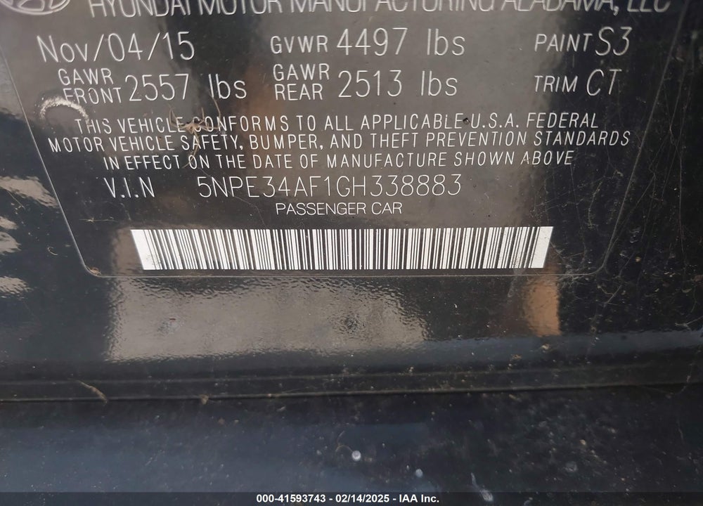 2016 HYUNDAI SONATA LIMITED VIN: 5NPE34AF1GH338883