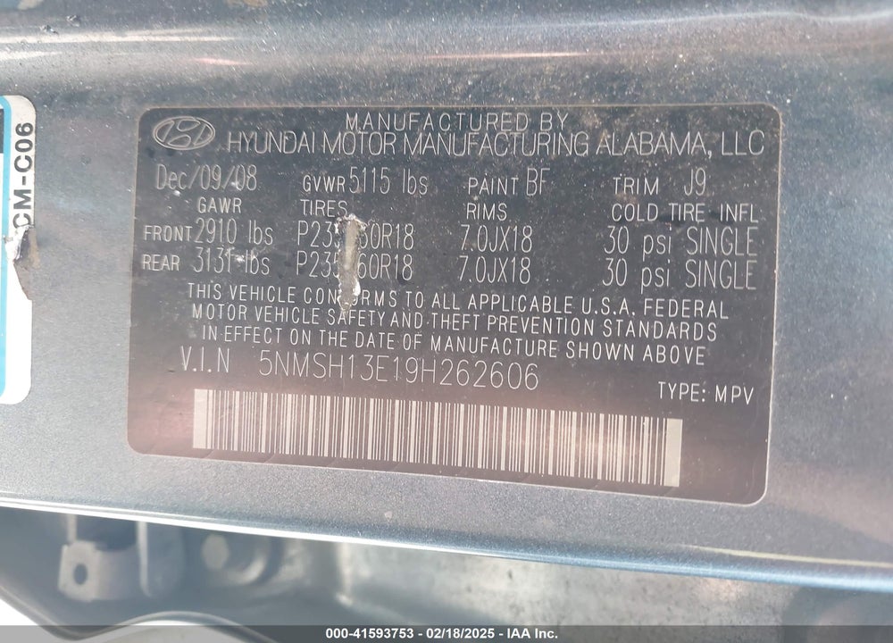 2009 HYUNDAI SANTA FE LIMITED VIN: 5NMSH13E19H262606