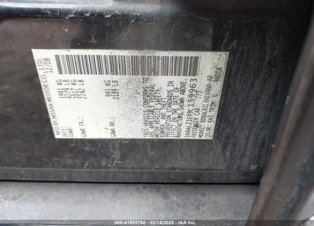 2009 NISSAN ALTIMA VIN: 1N4AL21E49C159963