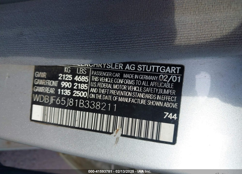 2001 MERCEDES-BENZ E 320 VIN: WDBJF65J81B338211