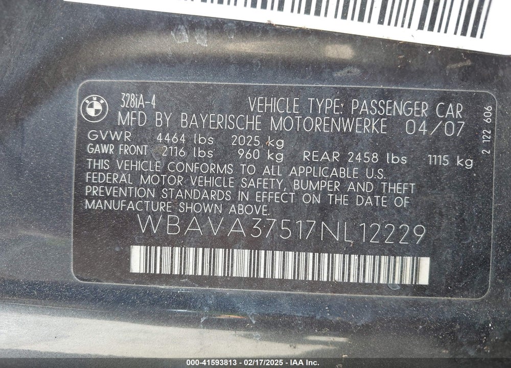 2007 BMW 328I VIN: WBAVA37517NL12229