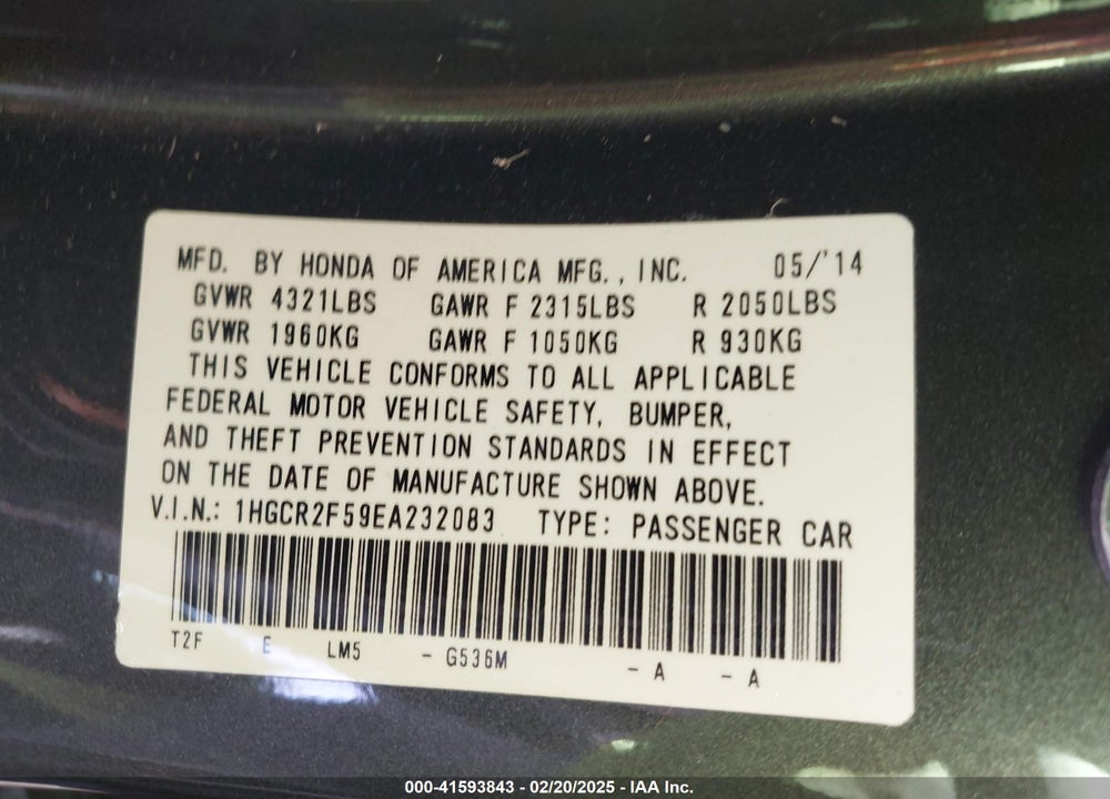 2014 HONDA ACCORD VIN: 1HGCR2F59EA232083
