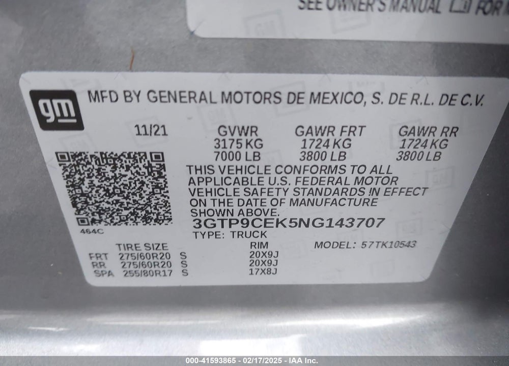 2022 GMC SIERRA 1500 LIMITED VIN: 3GTP9CEK5NG143707