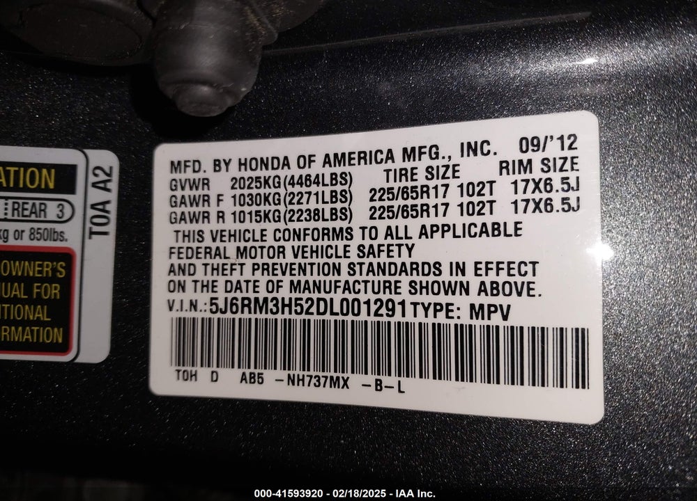2013 HONDA CR-V EX VIN: 5J6RM3H52DL001291