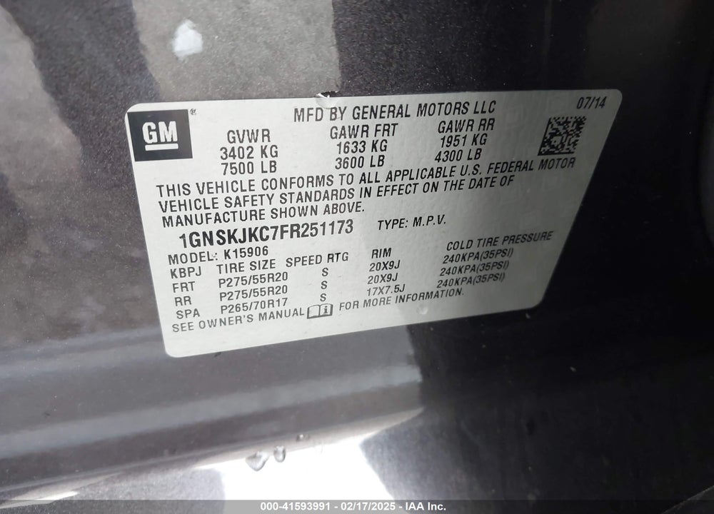 2015 CHEVROLET SUBURBAN 1500 VIN: 1GNSKJKC7FR251173