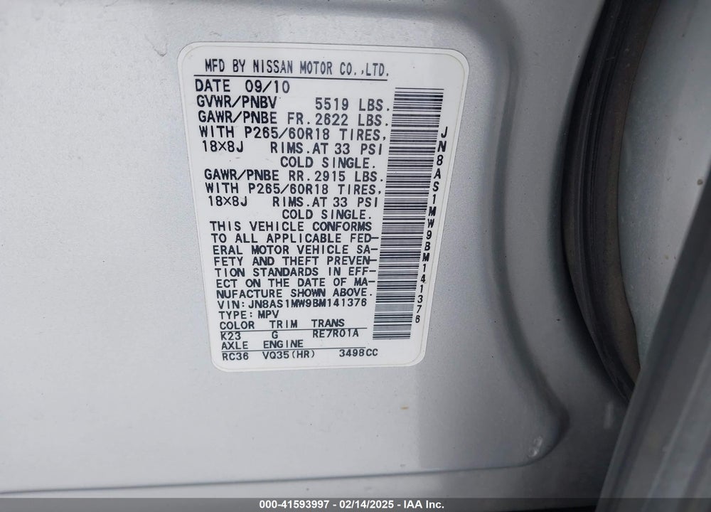 2011 INFINITI FX35 VIN: JN8AS1MW9BM141376