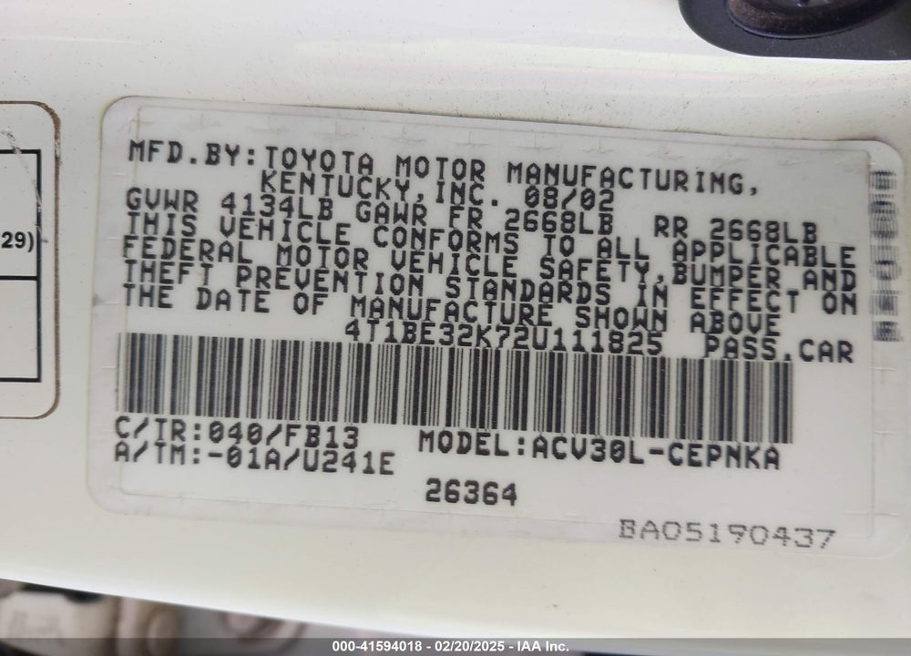 2002 TOYOTA CAMRY LE VIN: 4T1BE32K72U111825