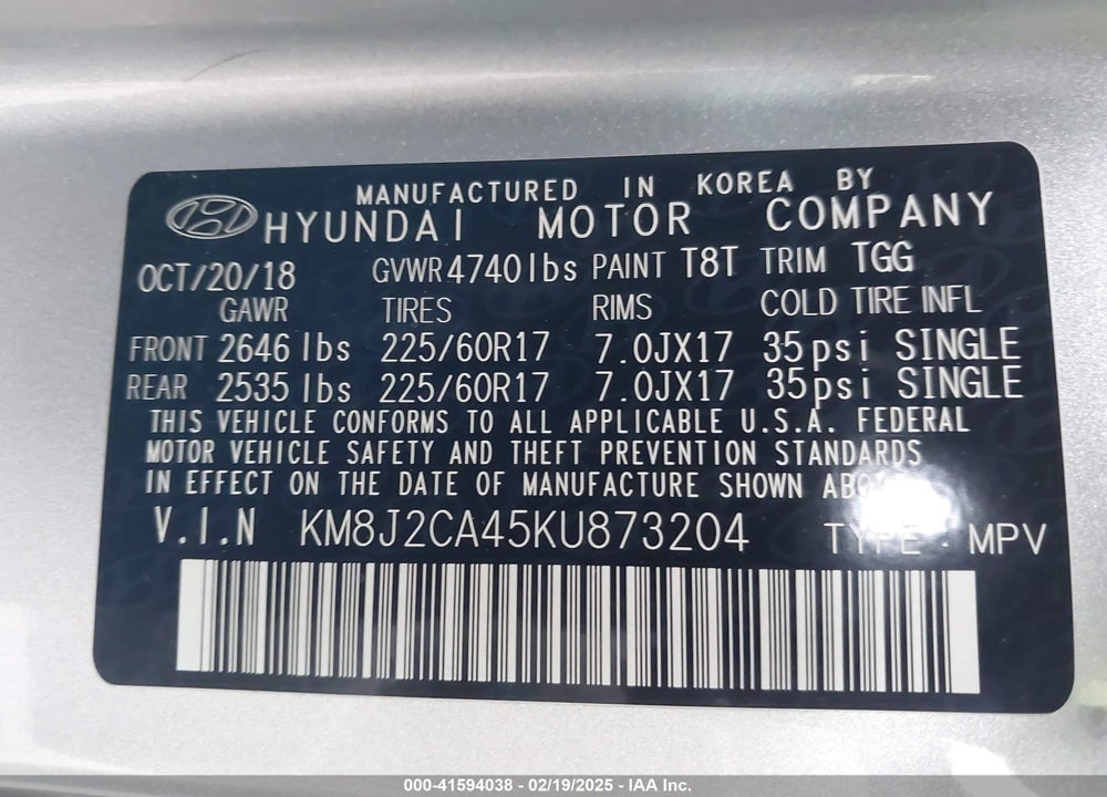 2019 HYUNDAI TUCSON SE VIN: KM8J2CA45KU873204