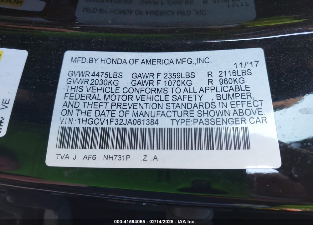 2018 HONDA ACCORD VIN: 1HGCV1F32JA061384