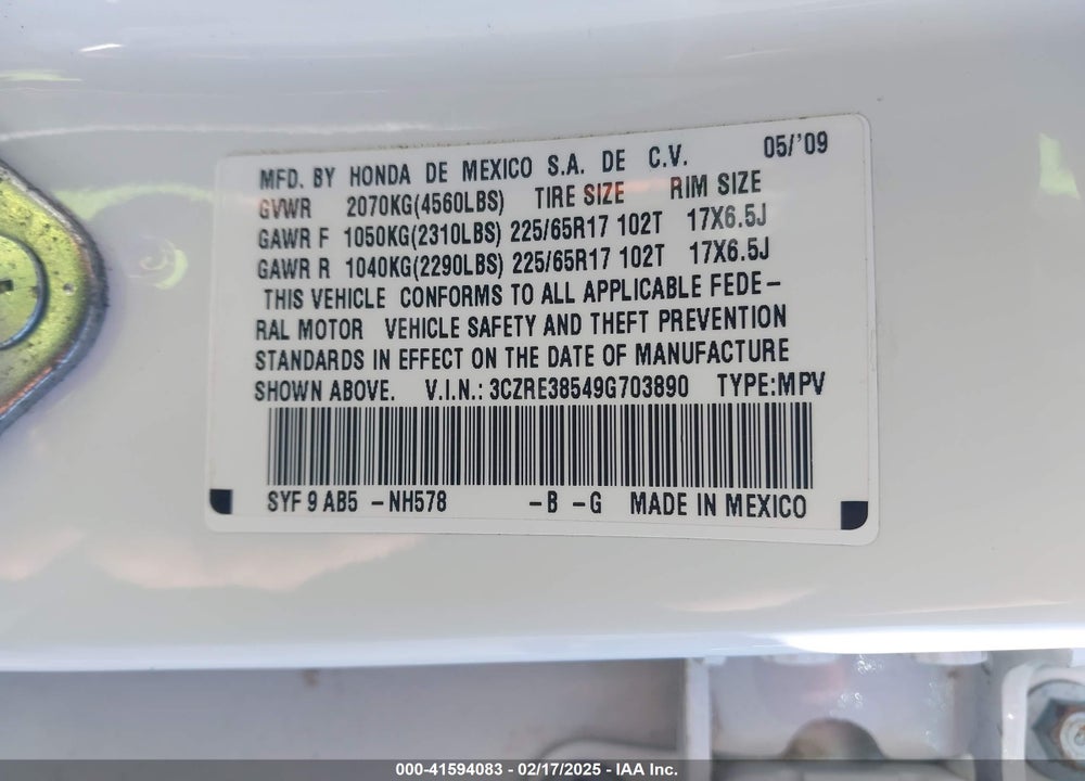 2009 HONDA CR-V VIN: 3CZRE38549G703890