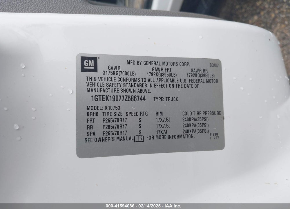 2007 GMC SIERRA 1500 VIN: 1GTEK19077Z586744