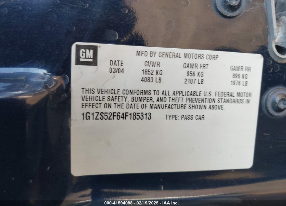 2004 CHEVROLET MALIBU VIN: 1G1ZS52F64F185313