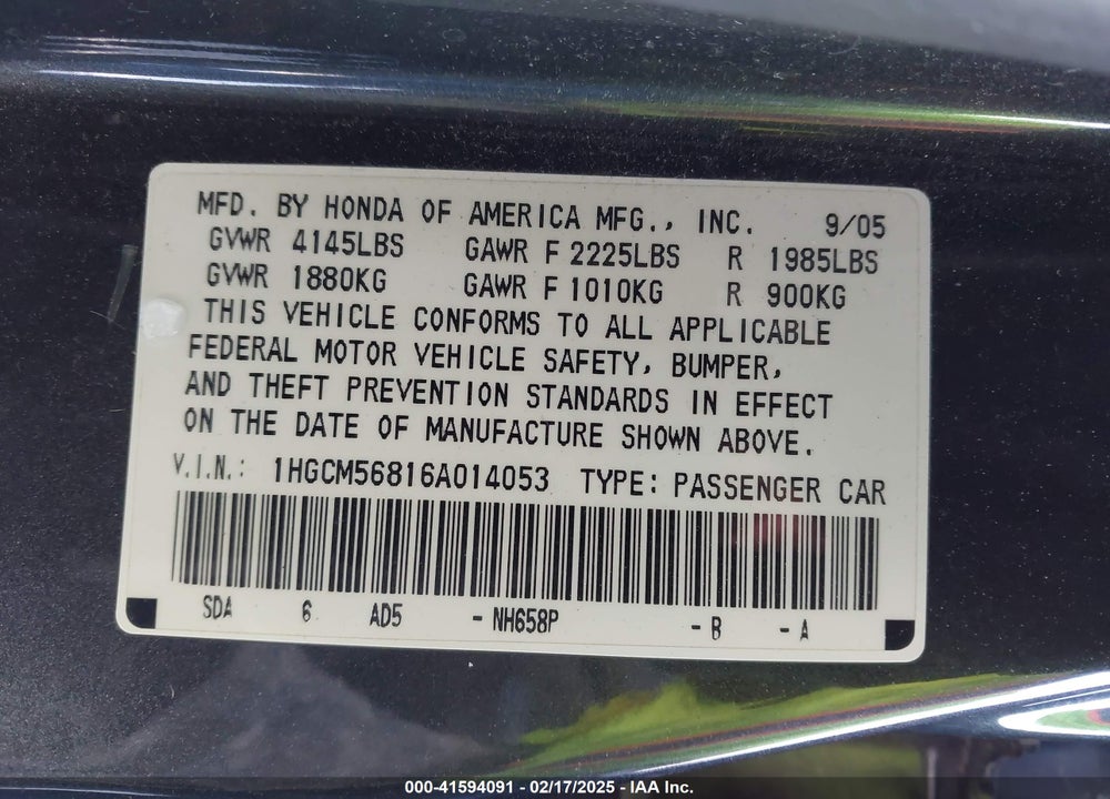 2006 HONDA ACCORD 2.4 EX VIN: 1HGCM56816A014053