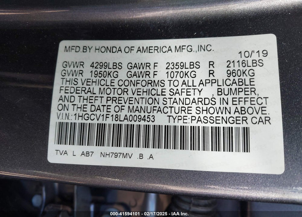 2020 HONDA ACCORD VIN: 1HGCV1F18LA009453