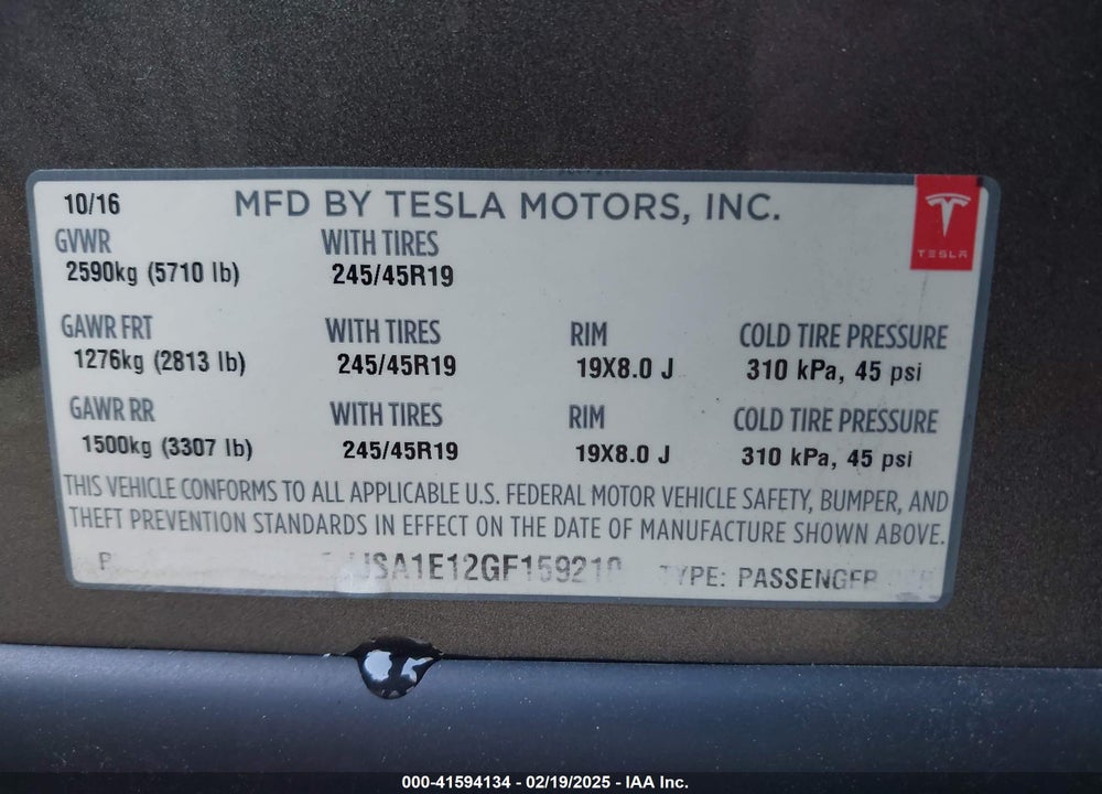 2016 TESLA MODEL S VIN: 5YJSA1E12GF159210