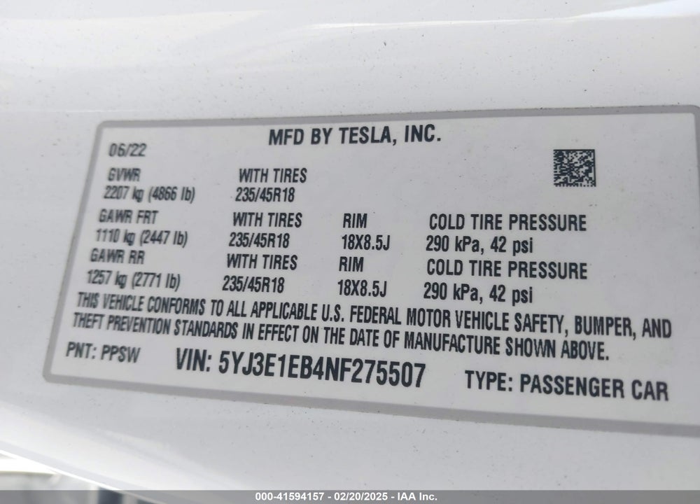 2022 TESLA MODEL 3 VIN: 5YJ3E1EB4NF275507