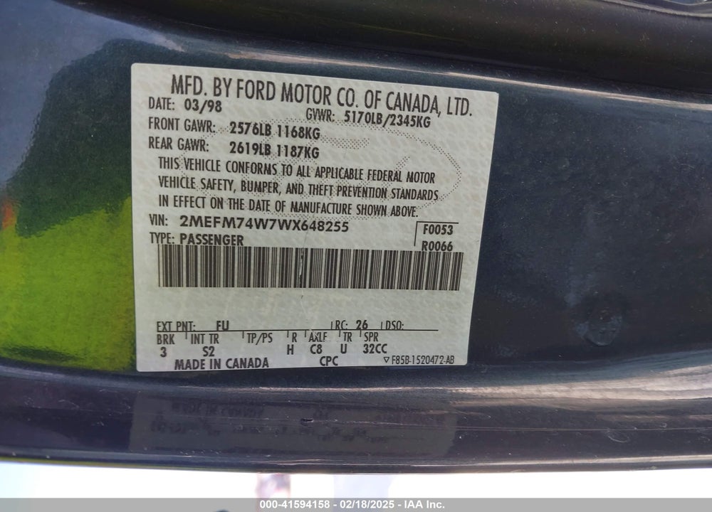 1998 MERCURY GRAND MARQUIS VIN: 2MEFM74W7WX648255