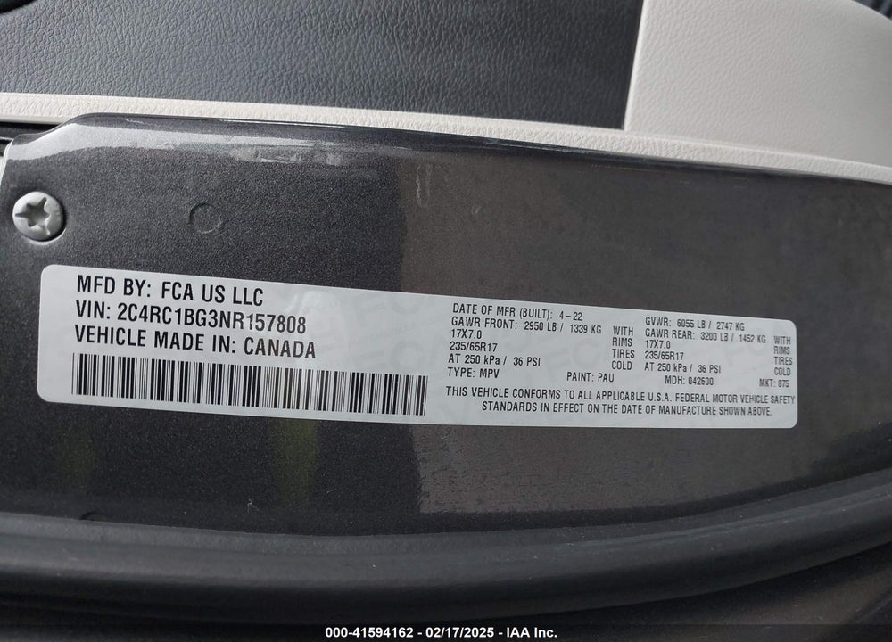 2022 CHRYSLER PACIFICA TOURING L VIN: 2C4RC1BG3NR157808