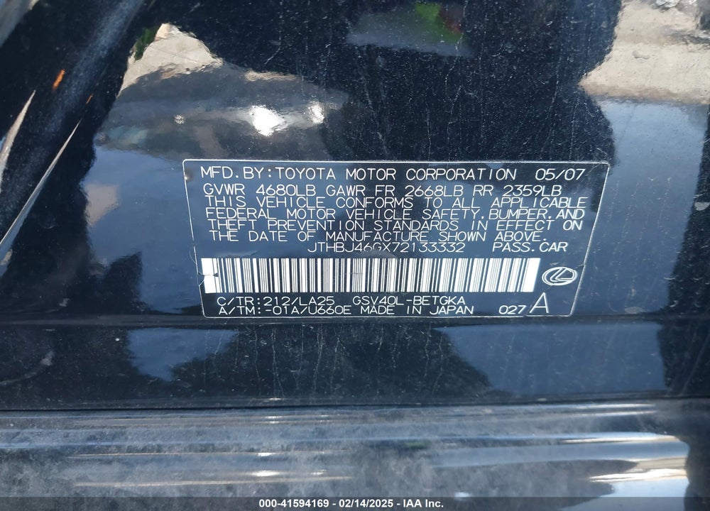 2007 LEXUS ES 350 VIN: JTHBJ46GX72133332