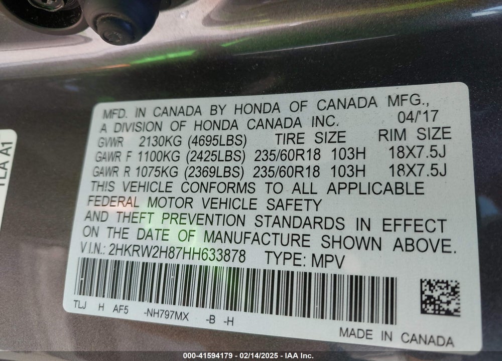 2017 HONDA CR-V EX-L/EX-L NAVI VIN: 2HKRW2H87HH633878